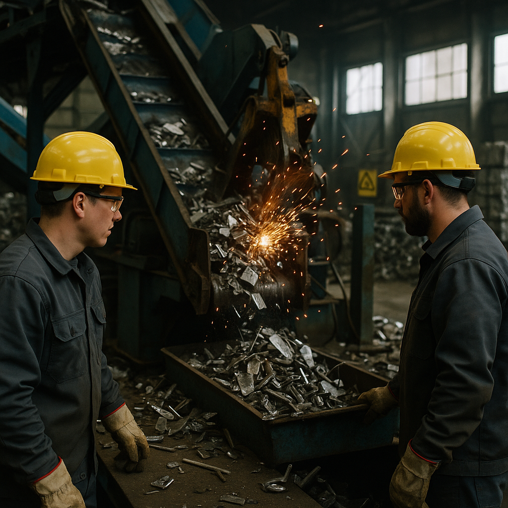 Metal Scrap Recycling Operations Workers operating heavy machinery to sort and crush metal scrap in a recycling facility with sparks flying and conveyor belts moving steel.