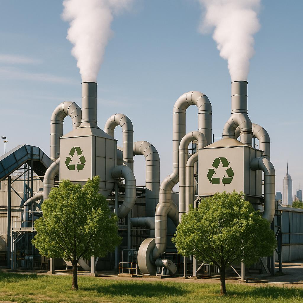 Factory with large recycling machines emitting clean air, surrounded by healthy trees and a distant city skyline under a clear sky.