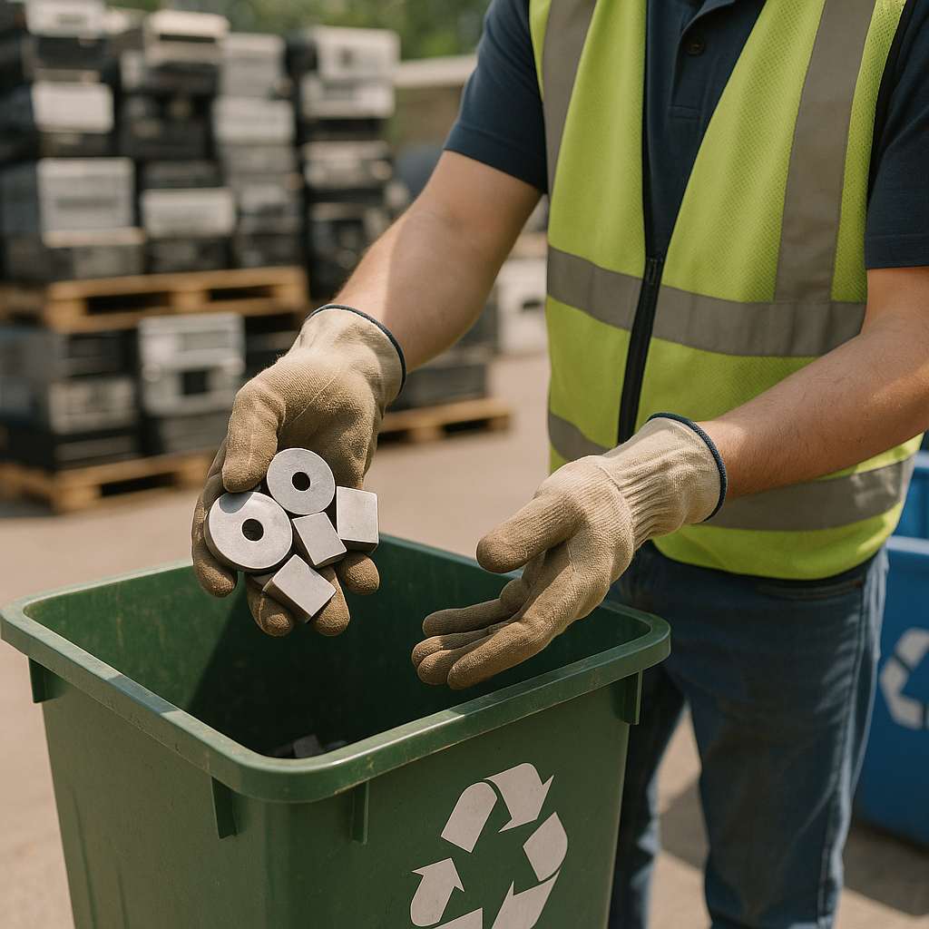Recycling Neodymium Magnets at a Center Worker in safety gloves placing used neodymium magnets from discarded electronics into recycling bin at recycling center