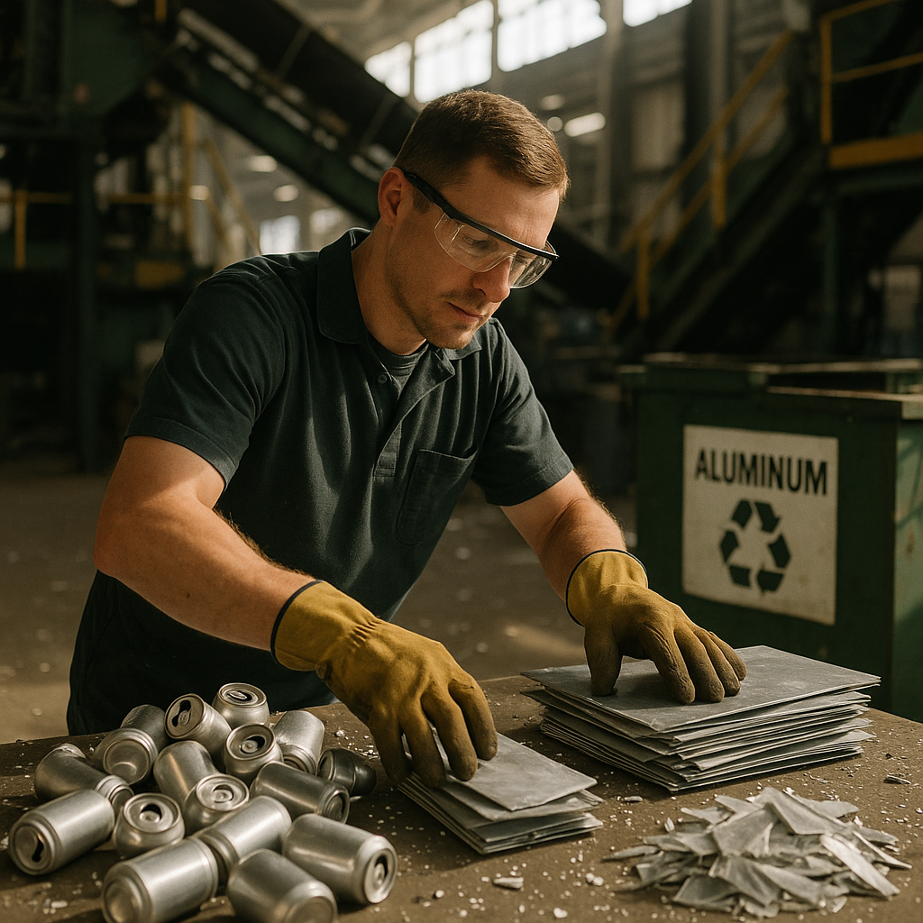 Worker Sorting Aluminum Cans at Recycling Facility Worker sorting clean aluminum cans and sheets into separate piles at a recycling facility with detailed machinery and labeled bins, sunlight streaming in.