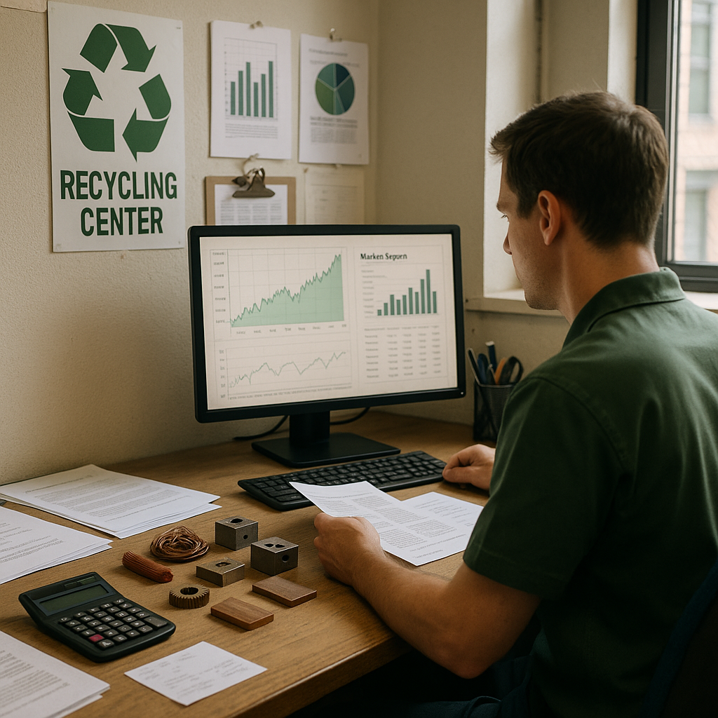Recycling Center Employee Analyzing Market Reports An employee at a recycling center office studying price charts and market reports on a computer, with a calculator and metal samples on a desk.