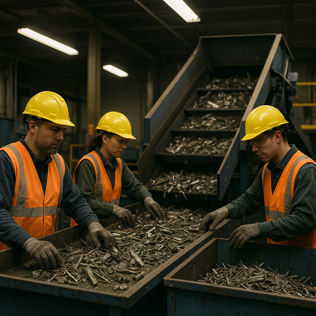 Sorting Metal Debris in Recycling Facility Workers wearing safety vests operating machinery to sort metal debris in a recycling facility with conveyor belts and large bins under indoor lighting.