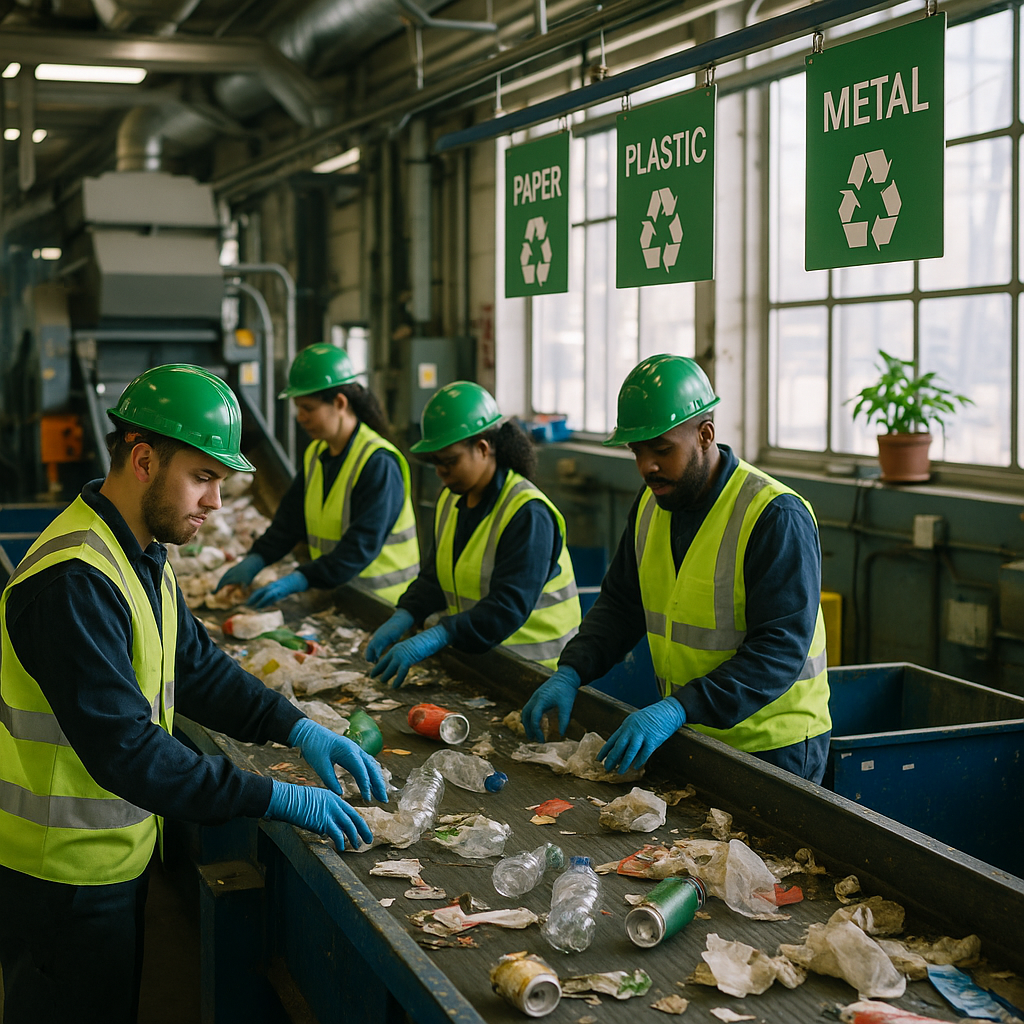 Workers sorting recyclables inside a well-lit factory, with efficient machinery operating and clear signage for waste separation. Plants are visible near windows.