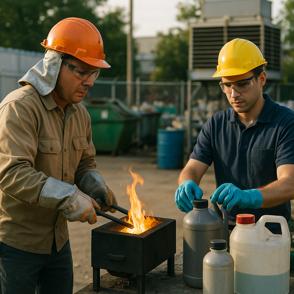 Side-by-side view of workers at two different recycling stations: one with high-heat furnaces, the other with chemical tanks, comparing the processes.
