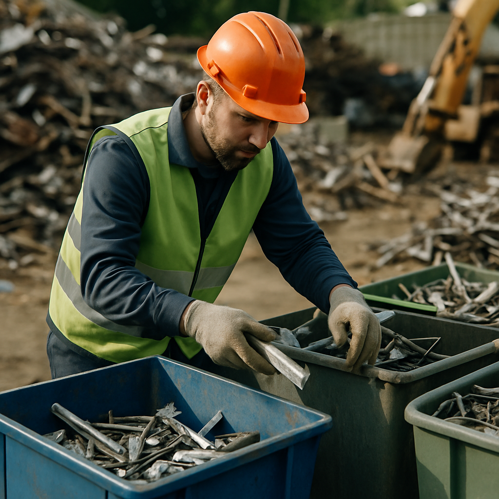 Recycling Worker Sorting Metal Scrap Recycling worker wearing gloves picking up metal scrap at a scrapyard during daylight.