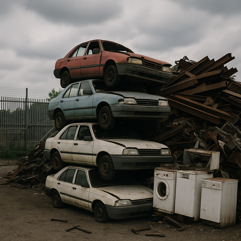 A recycling yard with a pile of old cars, used appliances, and dismantled metal beams under a cloudy sky.