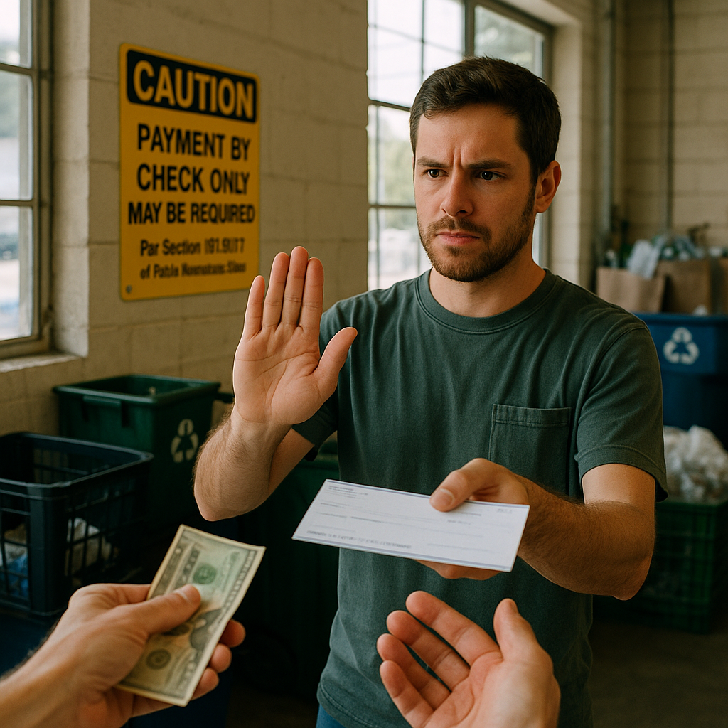 A recycler refusing a cash payment and handing a check to a customer inside a recycling center, with a cautionary sign about payment laws on the wall.