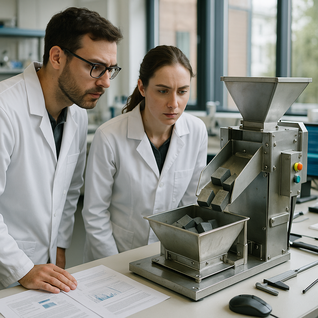 Researchers in lab coats observing advanced recycling equipment with processed magnets, creating an optimistic atmosphere.