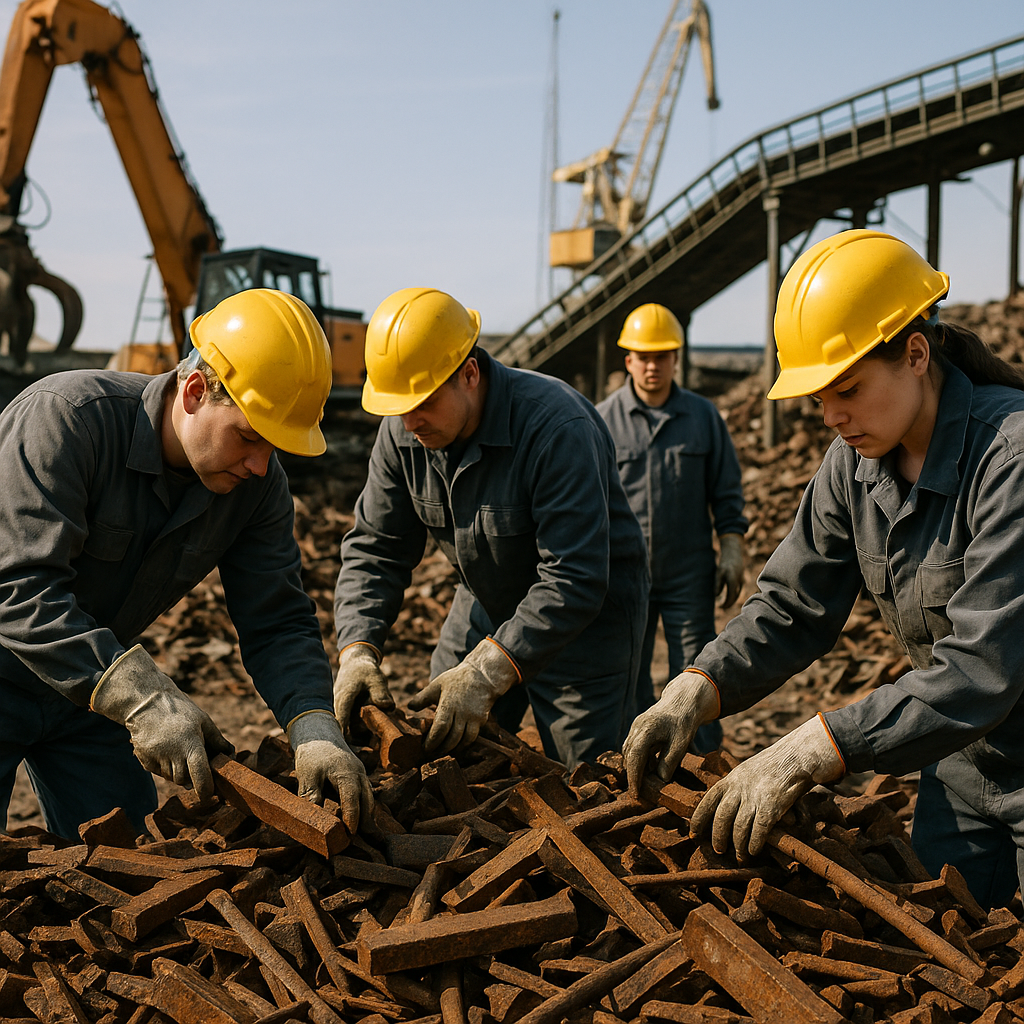 Workers in Industrial Scrapyard Workers in safety gear sorting and cleaning rusted iron scrap pieces in an industrial scrapyard under bright daylight.