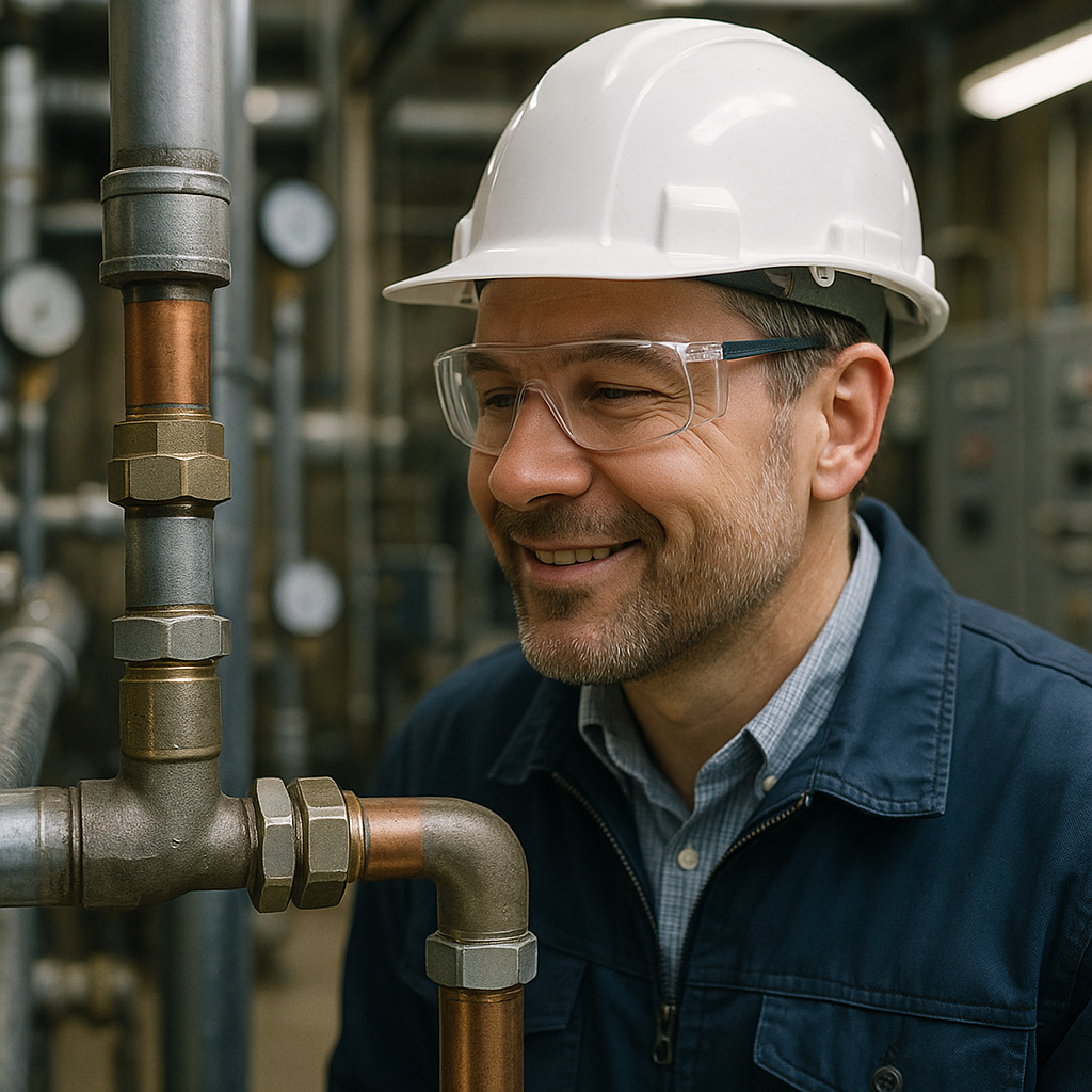 Satisfied engineer examining leak-free mixed metal pipe connections in a well-lit and orderly industrial setting.