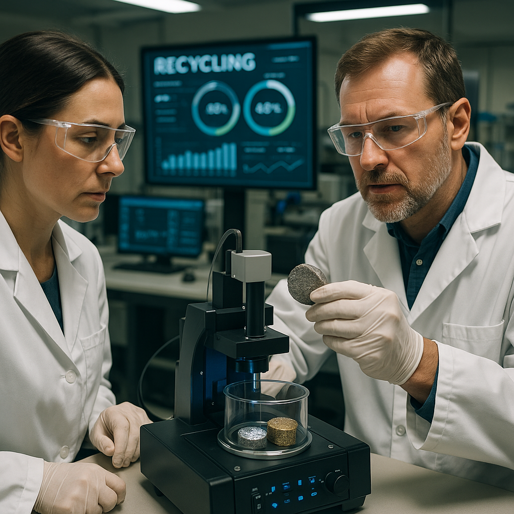 Scientists analyzing high-tech lab equipment with samples of rare metals, digital screens displaying recycling progress.