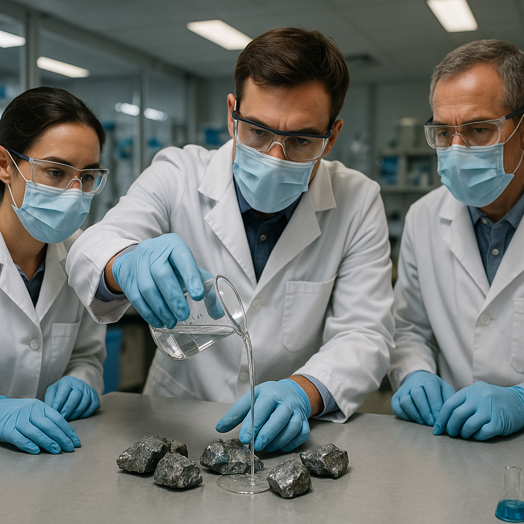 Scientists in protective gear working with metal ores in a lab, pouring liquid onto crushed rock samples.