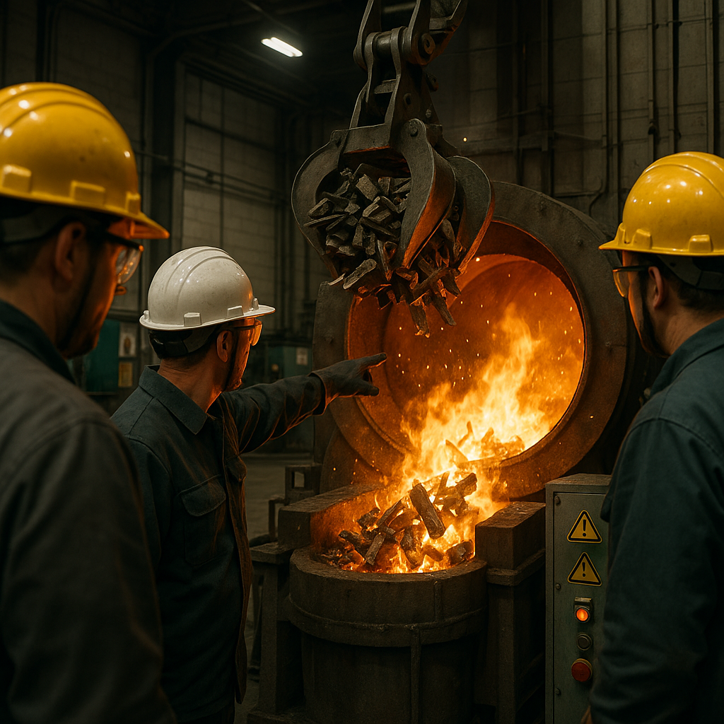 Workers supervising as scrap metal is loaded into a large furnace with flames and molten metal visible in a recycling plant interior.