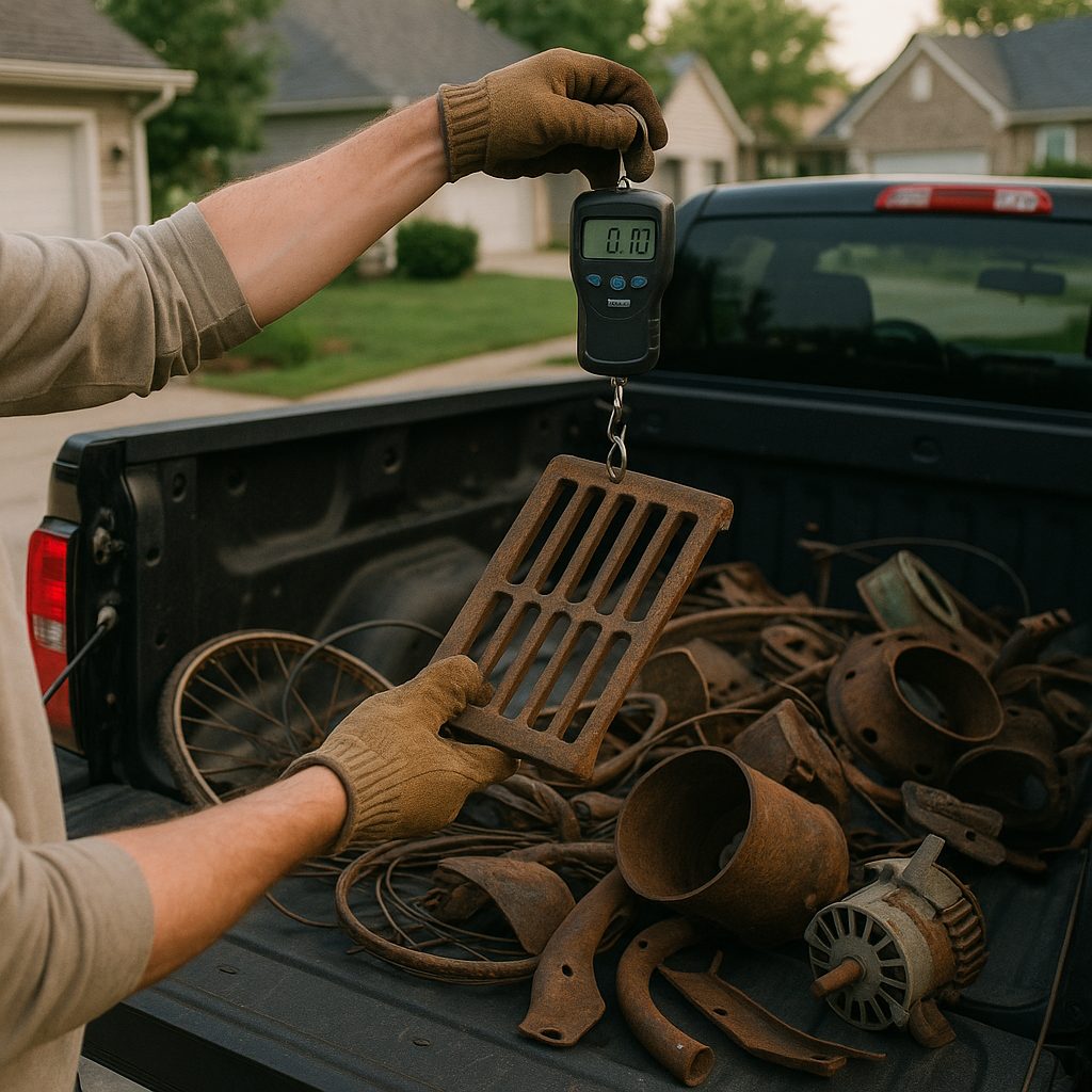 Person Loading Scrap Metal into Truck Person loading various scrap metal items into a pickup truck, wearing gloves and using a scale in a suburban driveway.