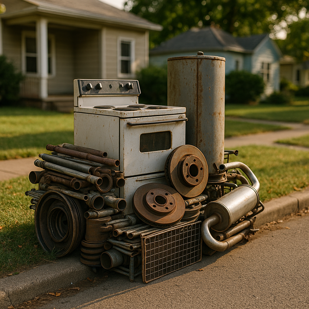 Scrap Metal Assortment on Curb Assortment of scrap metal items including old appliances, pipes, and car parts stacked on curb outside a suburban house during daylight.