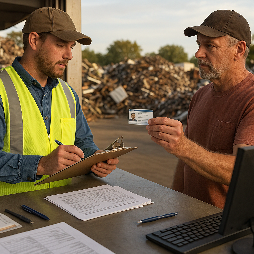 A scrap metal buyer and seller exchanging papers at a recycling facility counter, with visible metal piles in the background under daylight.