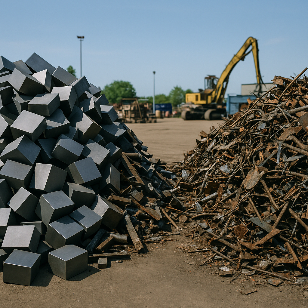 Two piles of scrap metal side by side in an industrial yard, showcasing one with thick, clean cut steel pieces and the other with mixed light metals and rust, captured in clear daylight.
