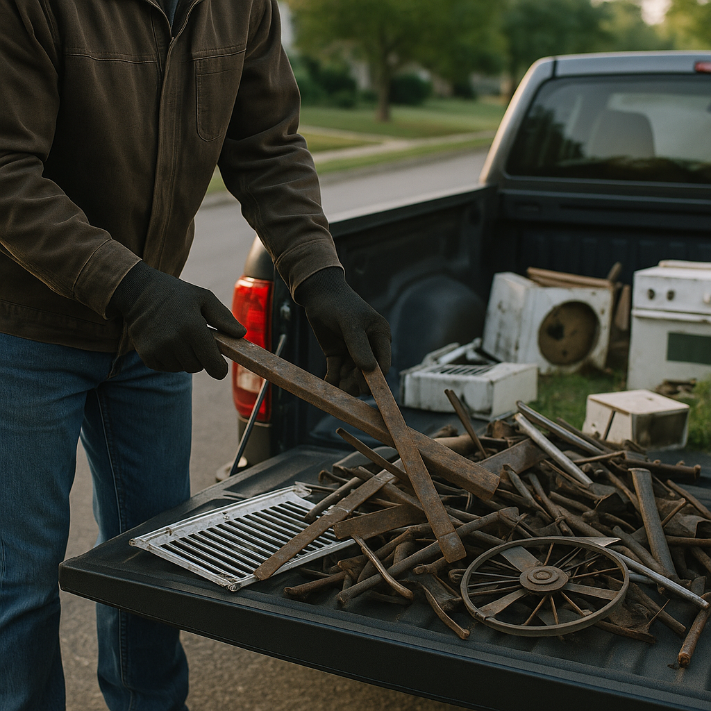 Person with gloves loading scrap metal into truck bed at residential curbside with discarded appliances and metal objects in early morning light.