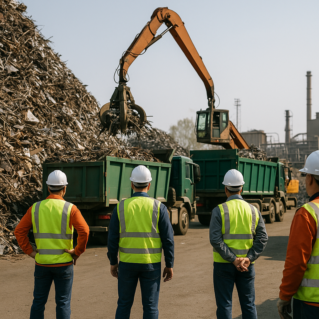 Scrap Metal Recycling Process Piles of scrap metal being loaded into recycling trucks at an industrial site with workers in safety gear overseeing the process under a clear sky.