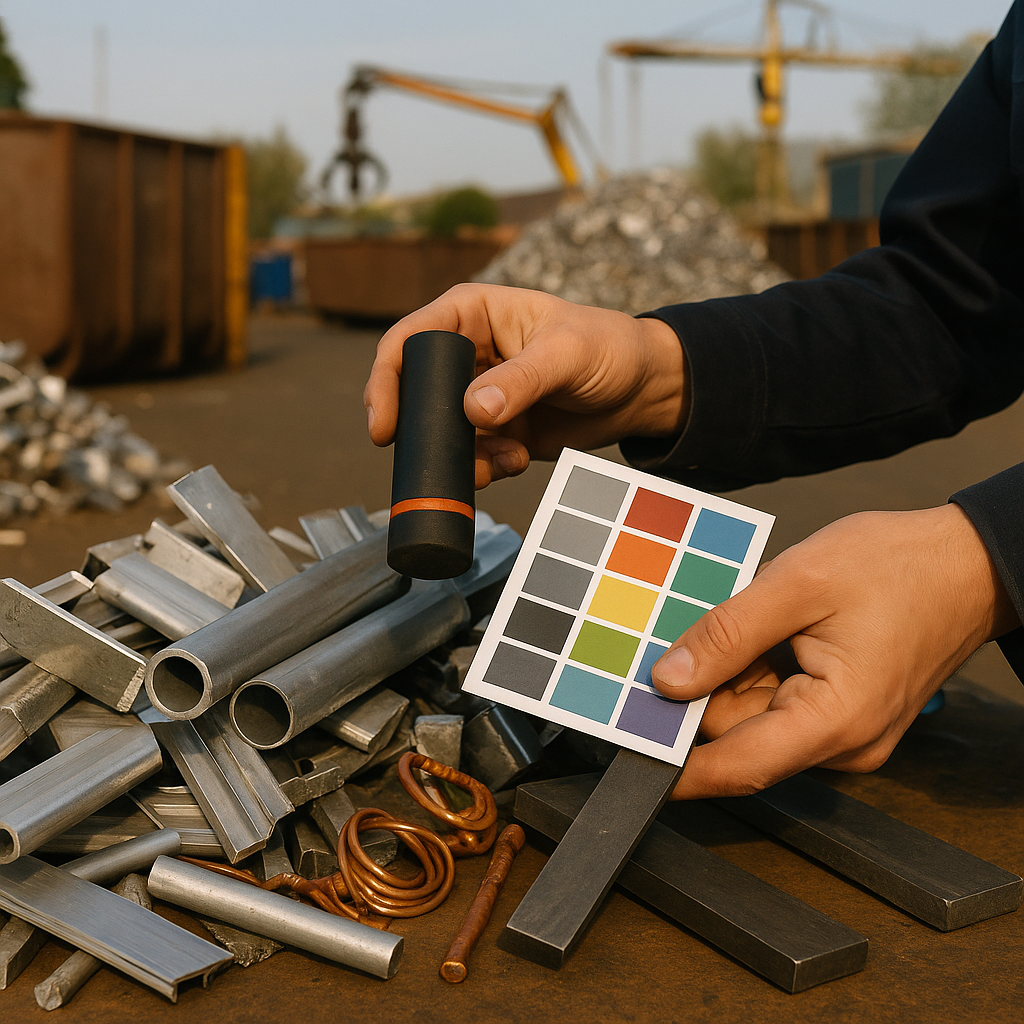 Examining Scrap Metal Types Person examining assorted scrap metal pieces with a magnet and color chart, sorting aluminum, copper, and steel items.