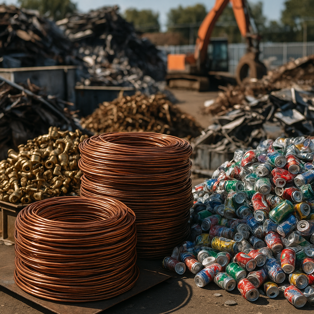 A scrapyard with sorted piles of copper wire, brass fixtures, and aluminum cans under glinting sunlight.