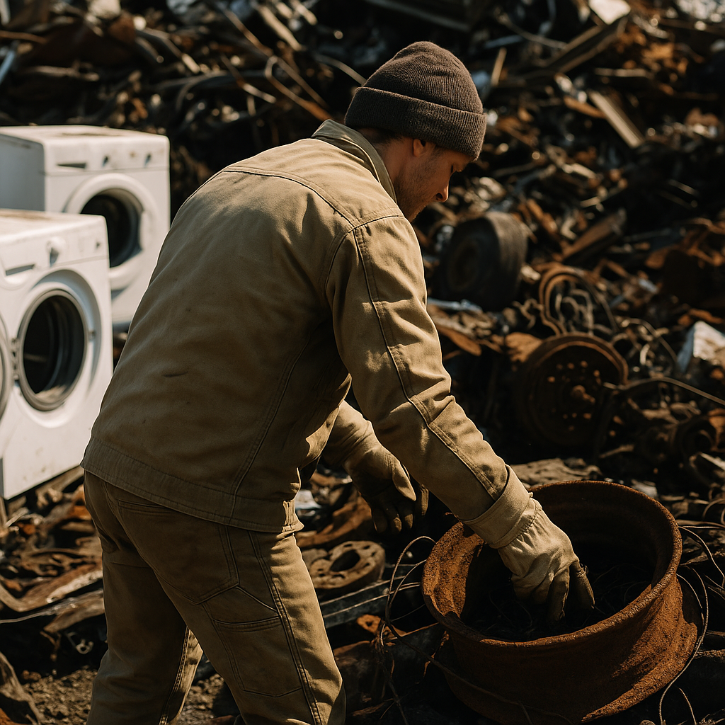 A person searching through a scrapyard filled with old metal objects and broken appliances under bright daylight.