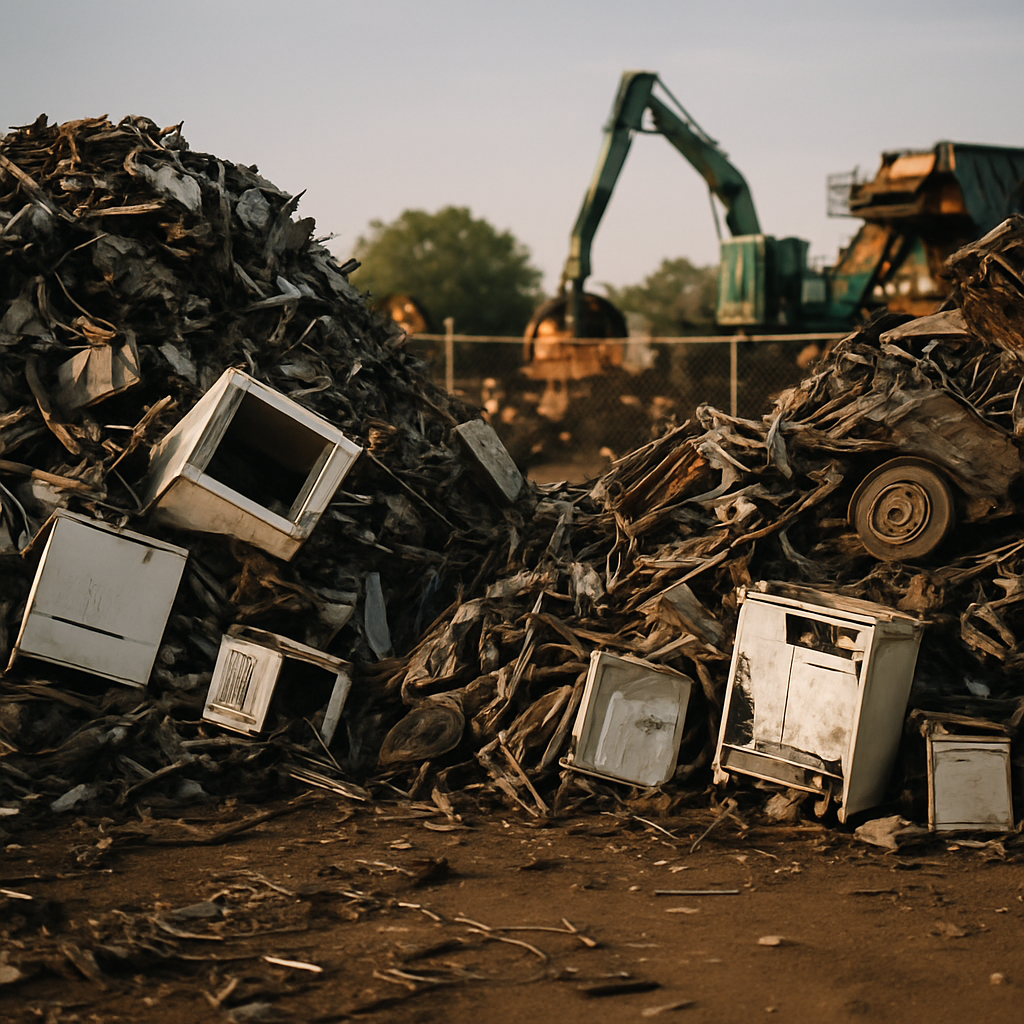 E‑waste and demolition waste are mixed at a waste recycling site in Dallas, TX