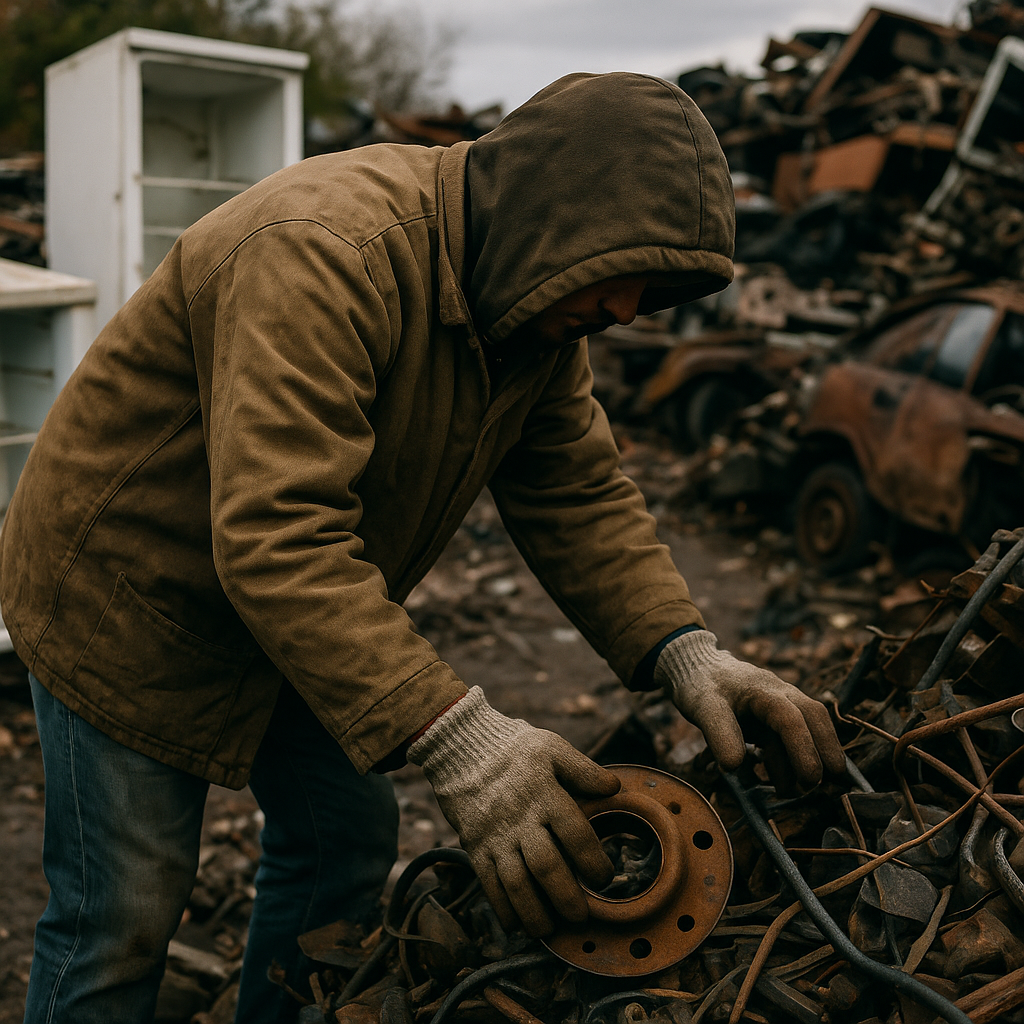 Person searching through a scrapyard filled with piles of discarded metal objects and old appliances under an overcast sky.