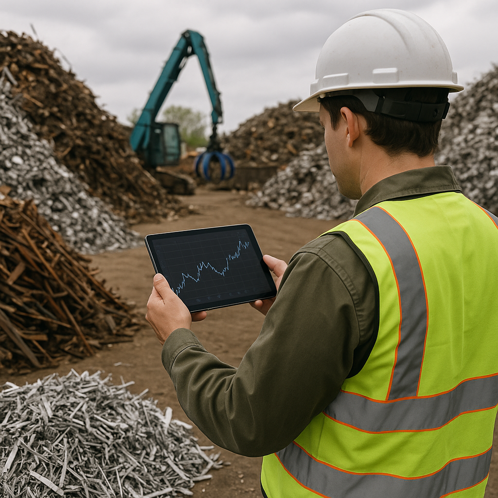 A worker in a safety vest examining sorted metal piles at a scrapyard while looking at a tablet displaying a fluctuating market price chart under an overcast sky.