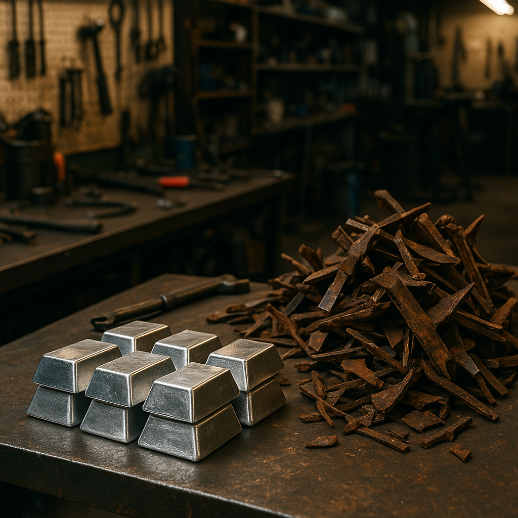 Clean, shiny metal ingots on a table next to piles of rusty scrap metal, highlighting the transformation in a bright workshop lighting.