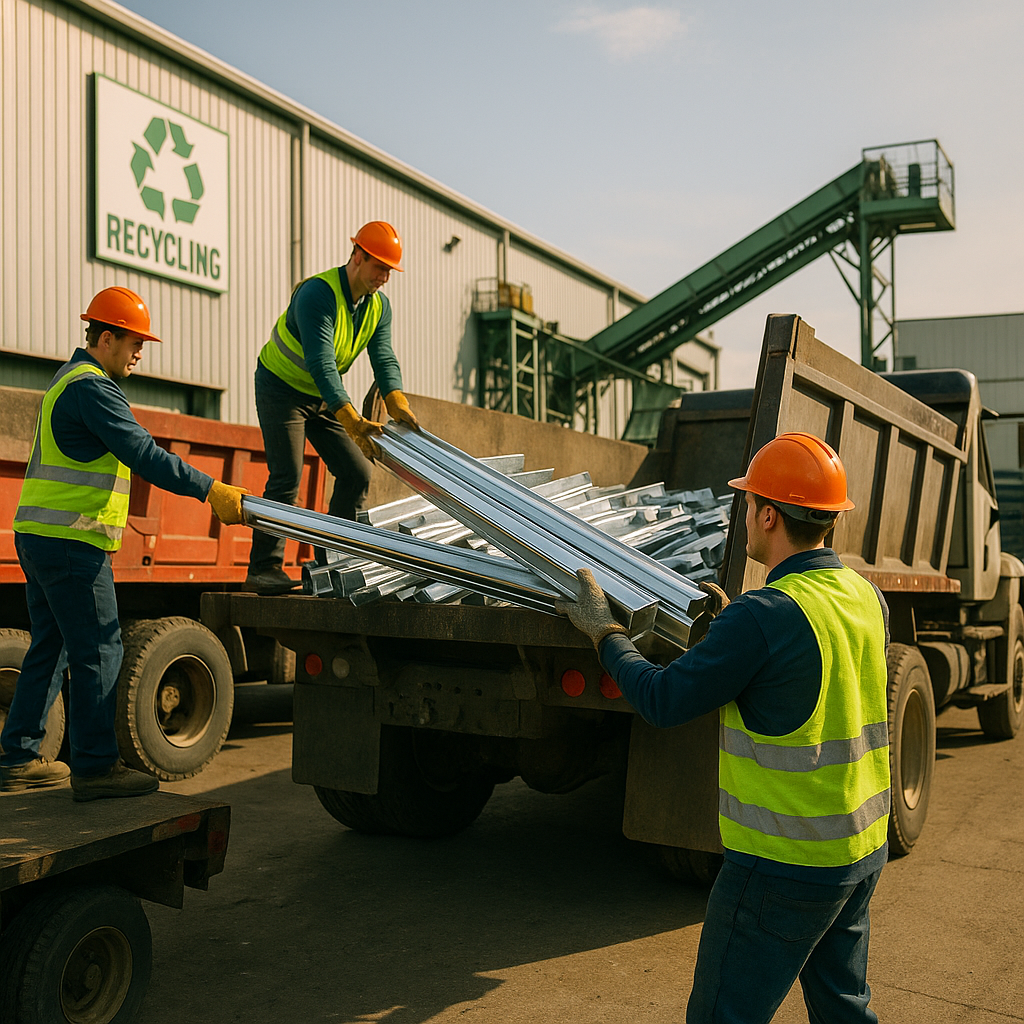 Shiny recycled metal beams being loaded onto trucks with a modern recycling plant in the background, creating a hopeful atmosphere.
