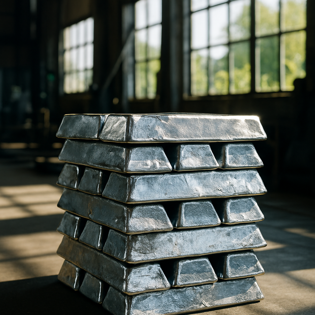 Shiny recycled metal ingots stacked neatly on a factory floor with sunlight streaming through windows and green plants visible outside.