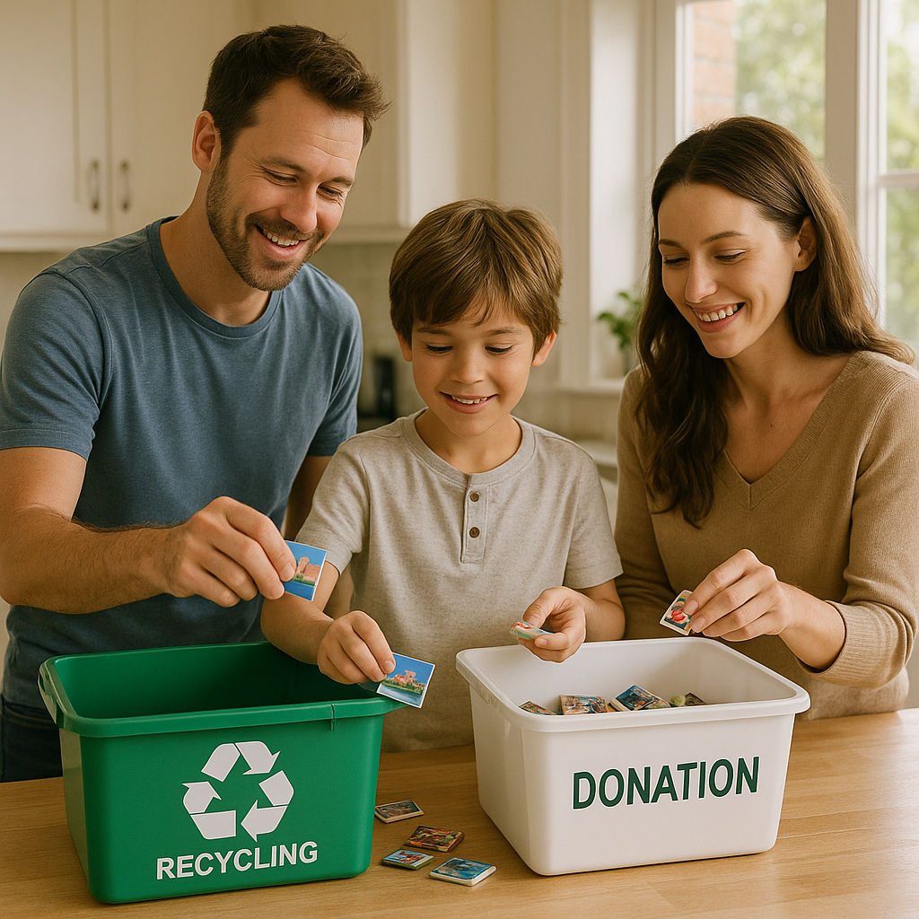 Family Recycling and Donation Activity Smiling family sorting fridge magnets into recycling and donation containers in a bright kitchen.