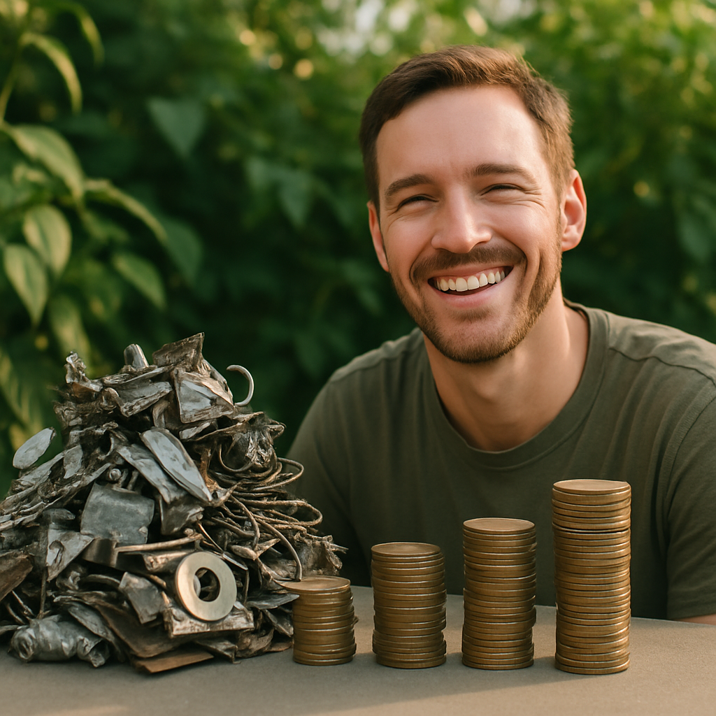 Person smiling beside organized piles of scrap metal and coins, with lush green plants in the background, symbolizing financial gain and eco-friendly efforts.