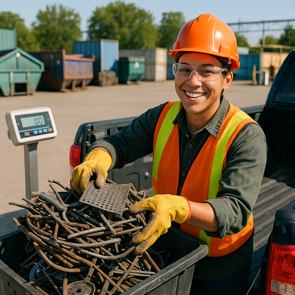 Smiling person loading sorted scrap metal onto a pickup truck at a recycling center, wearing safety gear.