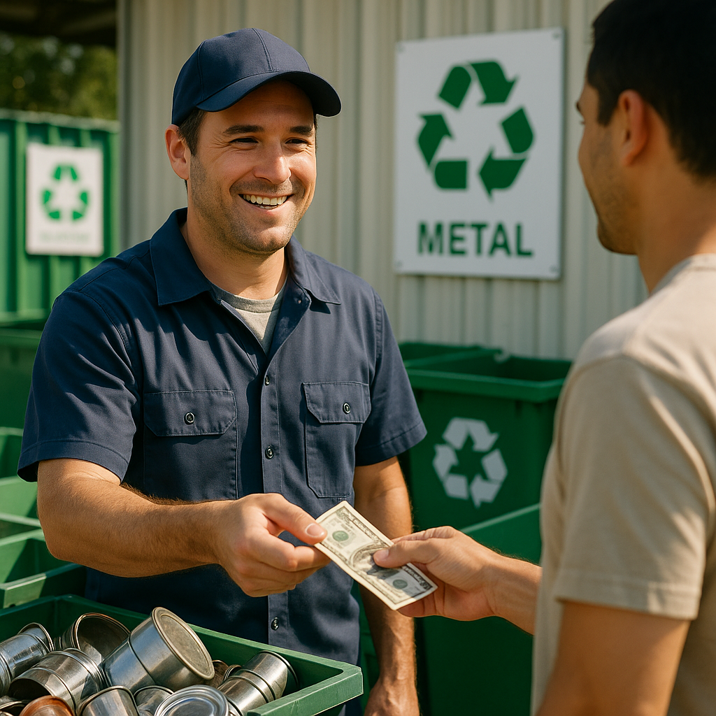 Recycling Center Exchange Smiling recycler handing payment to customer for sorted metals in a clean recycling center