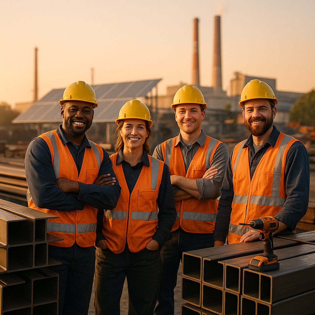 Workers with Steel Products and Solar Panels at Sunrise Smiling workers standing beside finished steel products with factory smokestacks and solar panels in the background at sunrise.