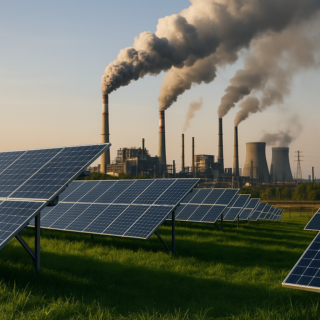 A contrasting scene showing solar panels in a grassy field under a clear sky next to smokestacks releasing thick smoke over an industrial landscape.