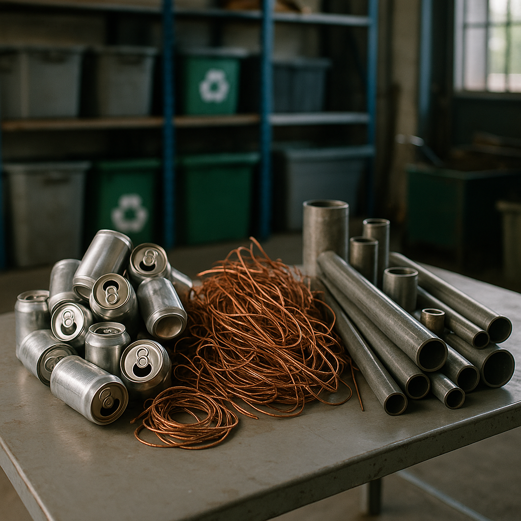 A variety of sorted metal scraps including aluminum cans, copper wires, and steel pipes on a clean recycling facility table.