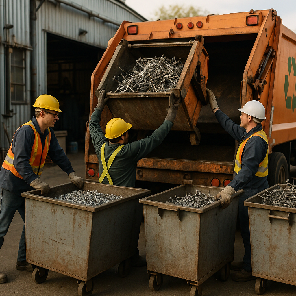 Large bins filled with sorted metal scraps being loaded into a recycling truck at a metal fabrication plant