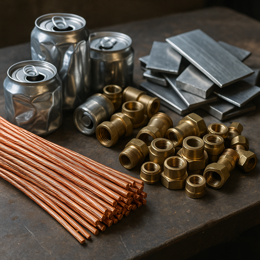 Close-up of various sorted scrap metals on a workbench, including copper wires, aluminum cans, brass fixtures, and stainless steel pieces, all clean and neatly arranged in natural lighting.