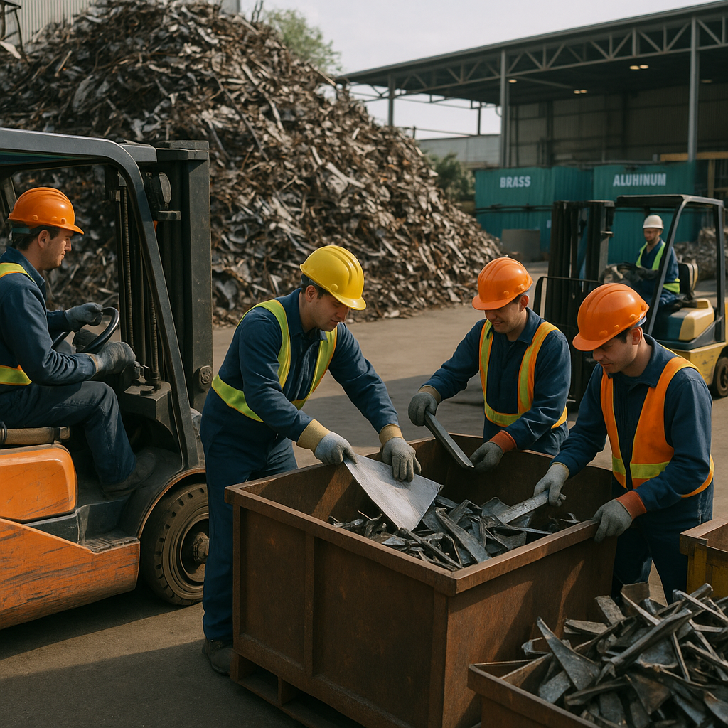 Large piles of sorted metal scrap being loaded into a recycling facility with workers in safety gear in an industrial setting.