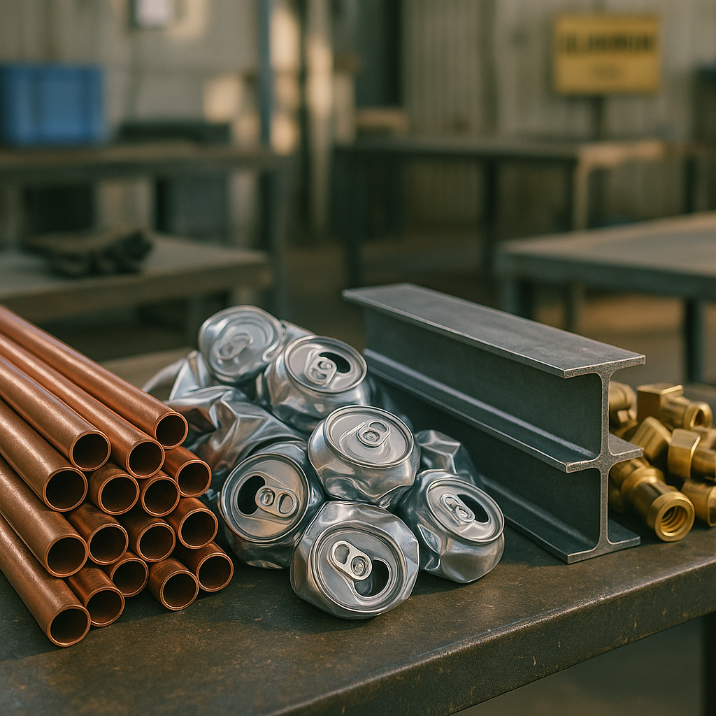 Close-up of various sorted metals including copper pipes, aluminum cans, steel beams, and brass pieces on facility tables.