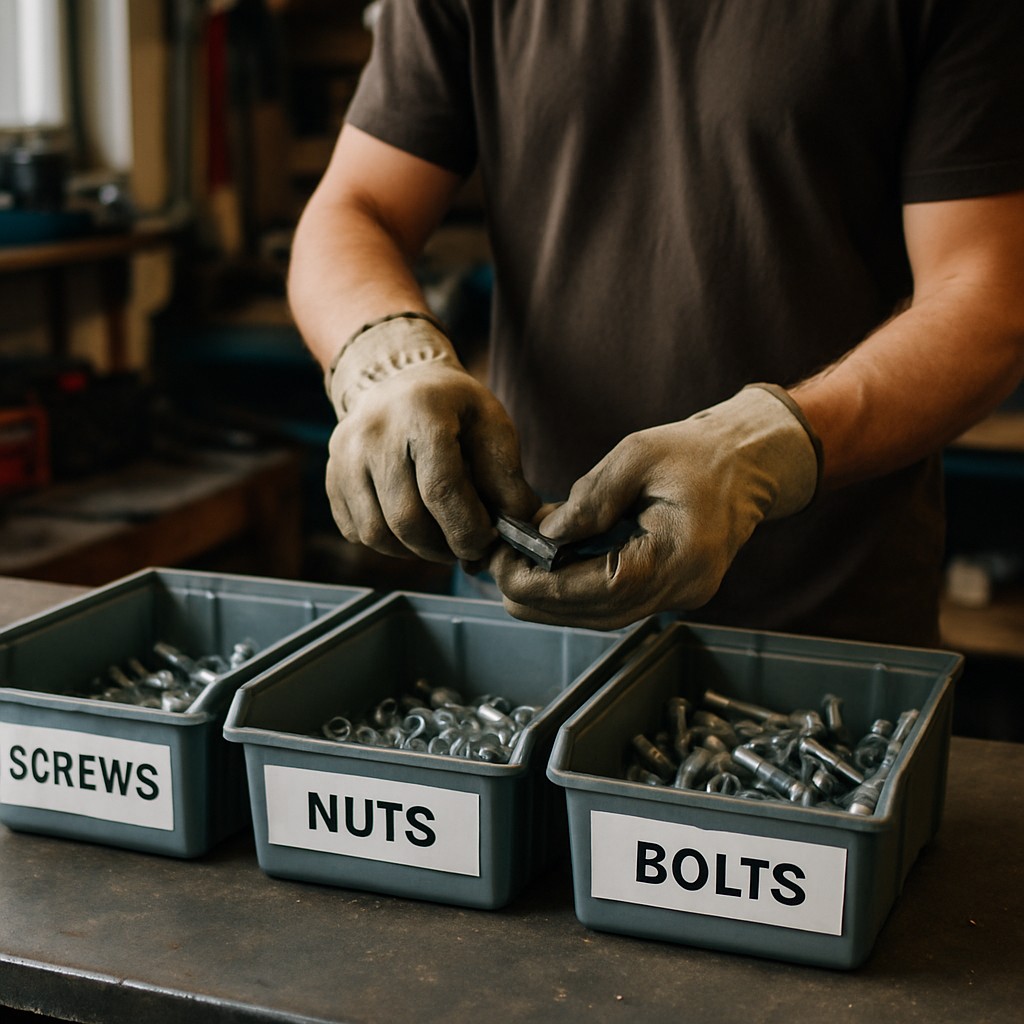 Sorting Metal Objects in Garage Person wearing work gloves sorting metal objects into labeled bins in a garage