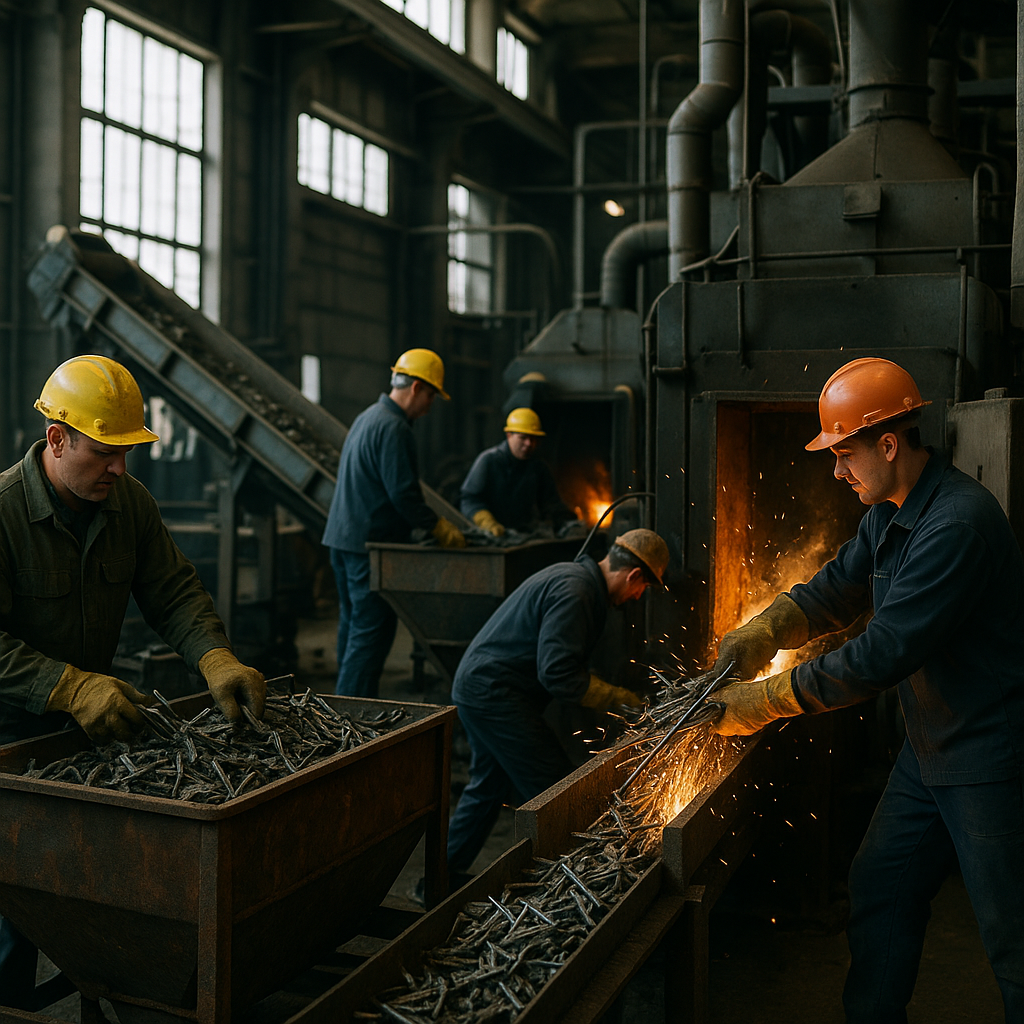 Workers operating machines in a steel recycling facility, sorting scrap metal and feeding it into large industrial furnaces with sparks flying and safety gear visible.