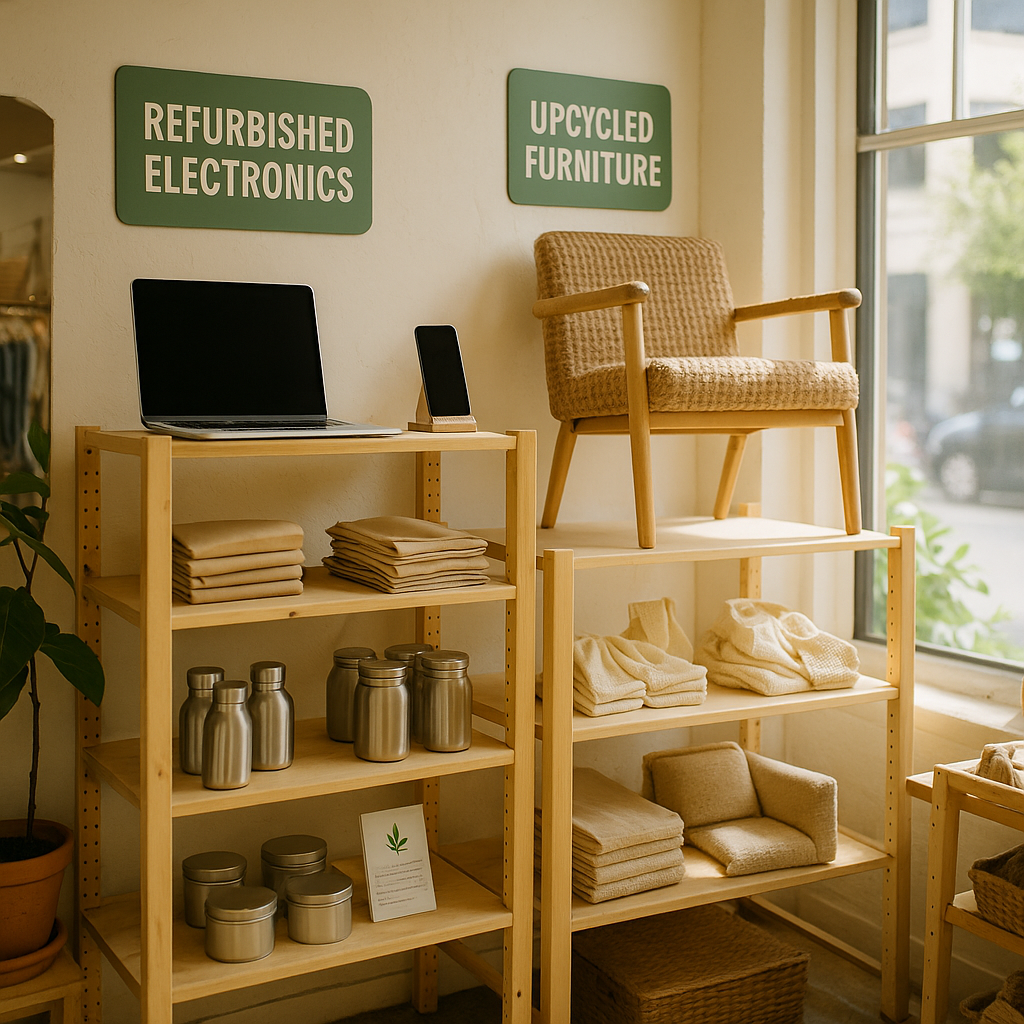 Showcase of Sustainable Products Display of sustainable products including refurbished electronics, reusable packaging, and upcycled furniture in a bright retail environment.