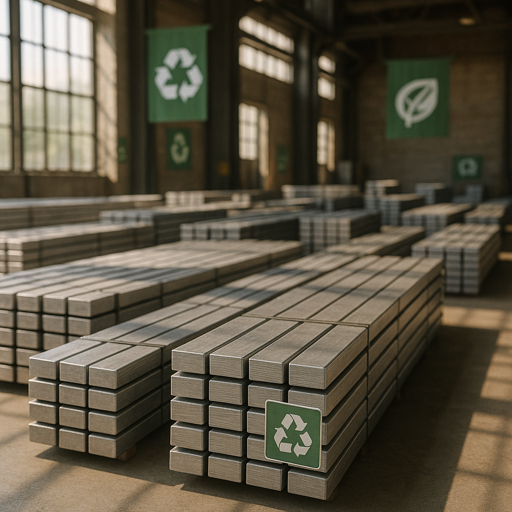 Sustainable Storage Solutions Rows of reusable metal bars stacked in a warehouse beside eco-friendly symbols, with sunlight streaming through windows, emphasizing sustainable storage.