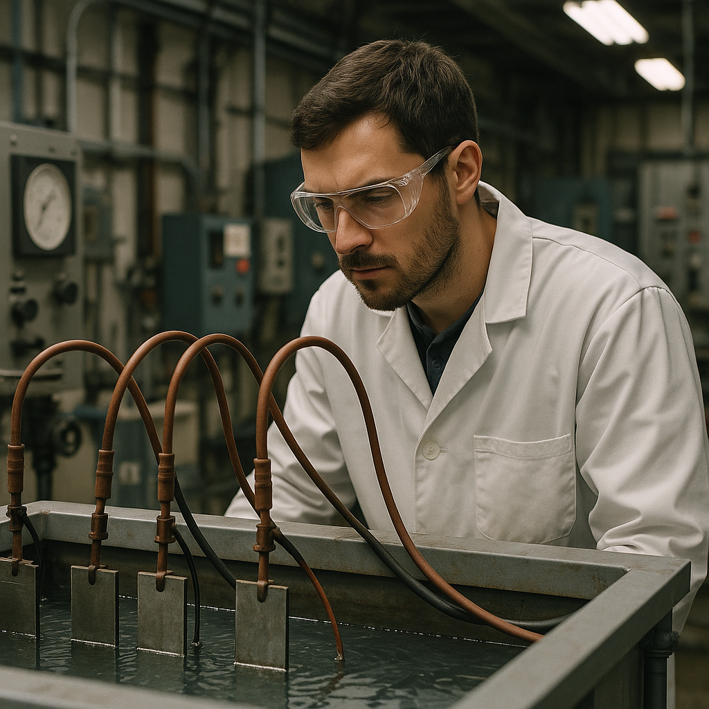 Technician observing metal plates submerged in electrolyte solution inside an industrial facility, with wires connected and soft overhead lighting.