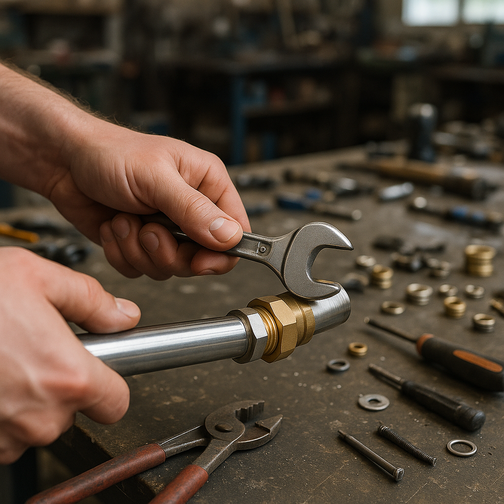 Technician connecting a stainless steel pipe to a brass fitting using tools on a workbench in a well-lit workshop