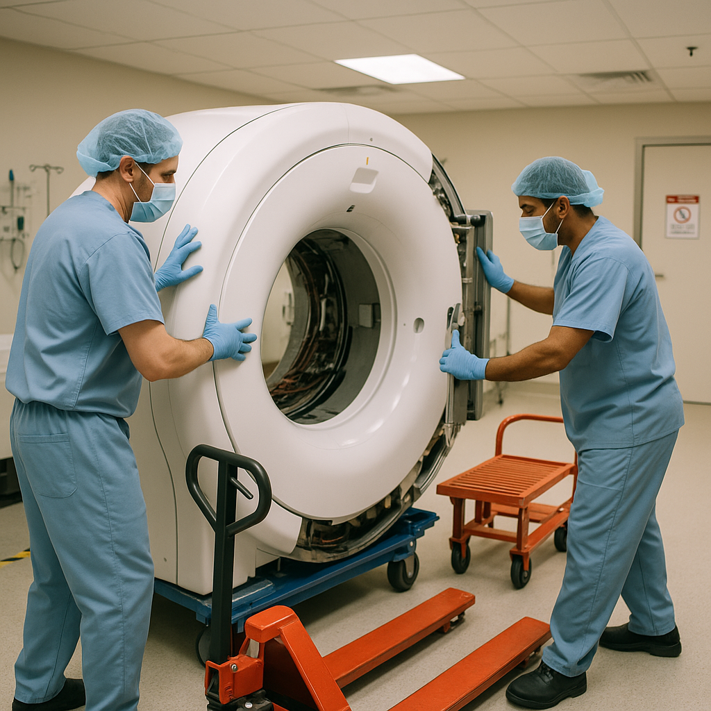 Technicians preparing to dismantle a large MRI scanner in a brightly lit hospital room.
